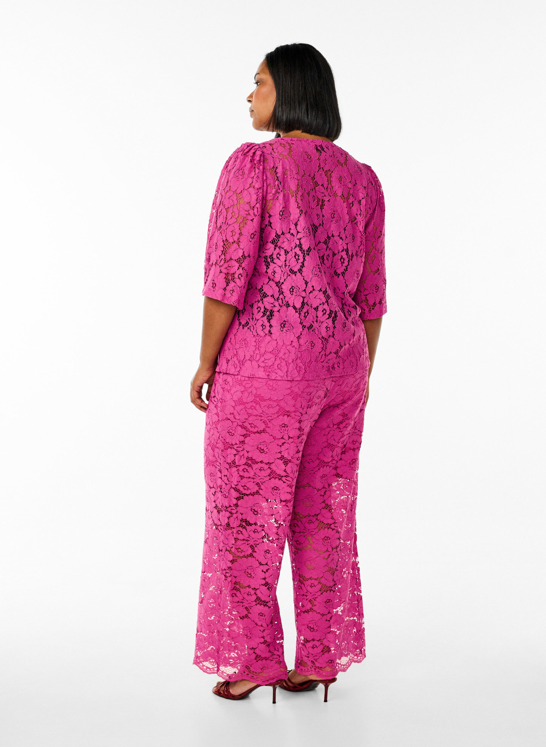ZizziKanten broek met hoge taille en zakken, Roze, Model image number 1