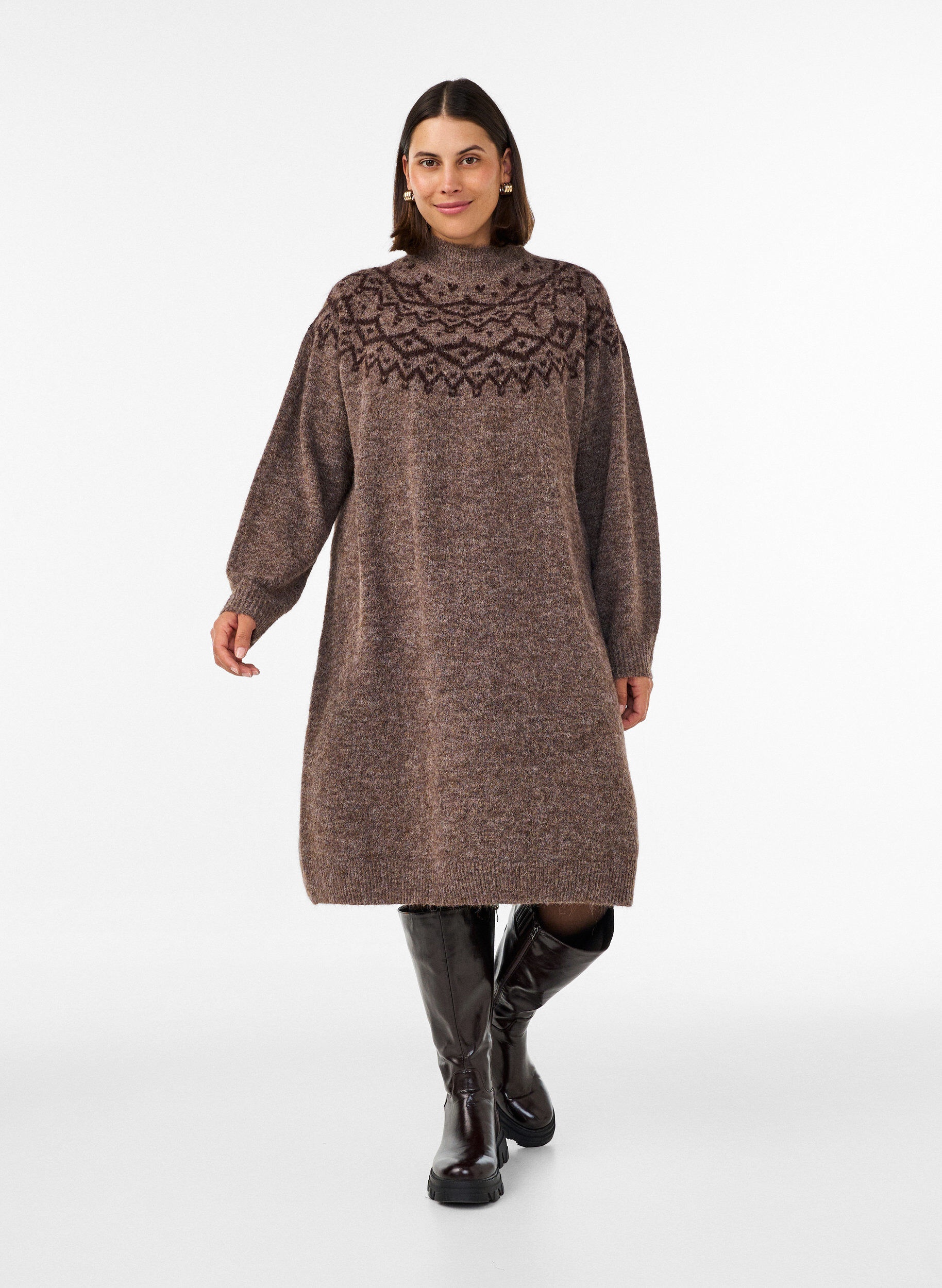 ZizziGebreide jurk met jacquardpatroon, Bruin, Model image number 1
