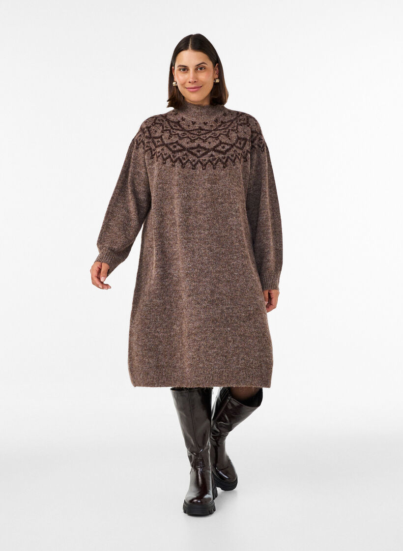 Gebreide jurk met jacquardpatroon, Bruin, Model image number 1