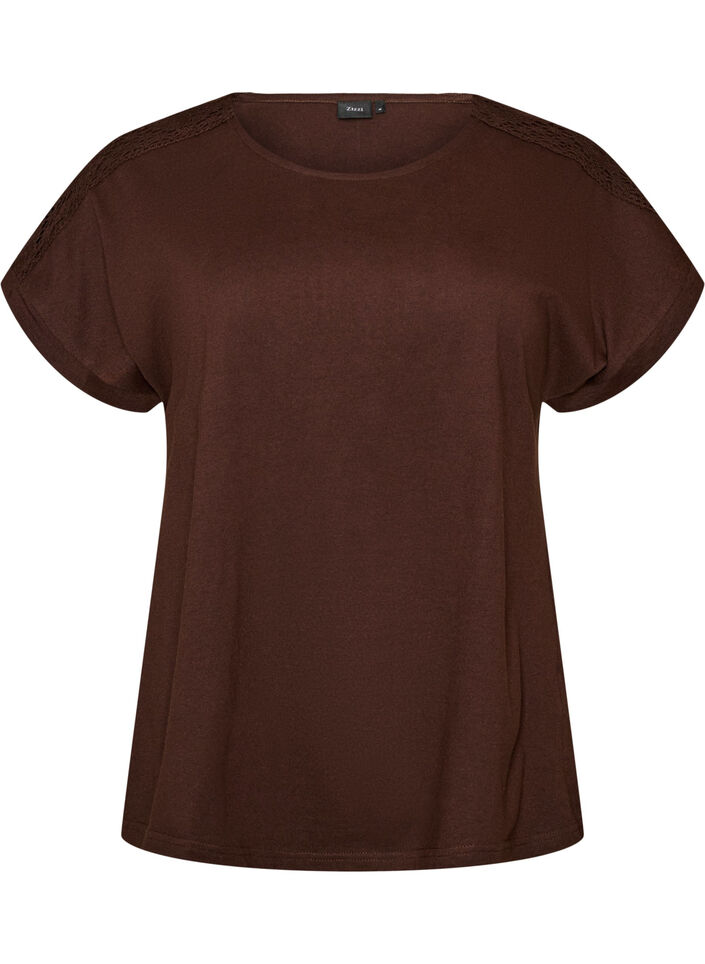 Katoenen T-shirt met haakdetail, Bruin, Packshot image number 0