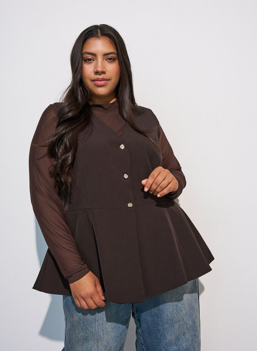 Getailleerde blouse van mesh met lange mouwen, Bruin, Model image number 0
