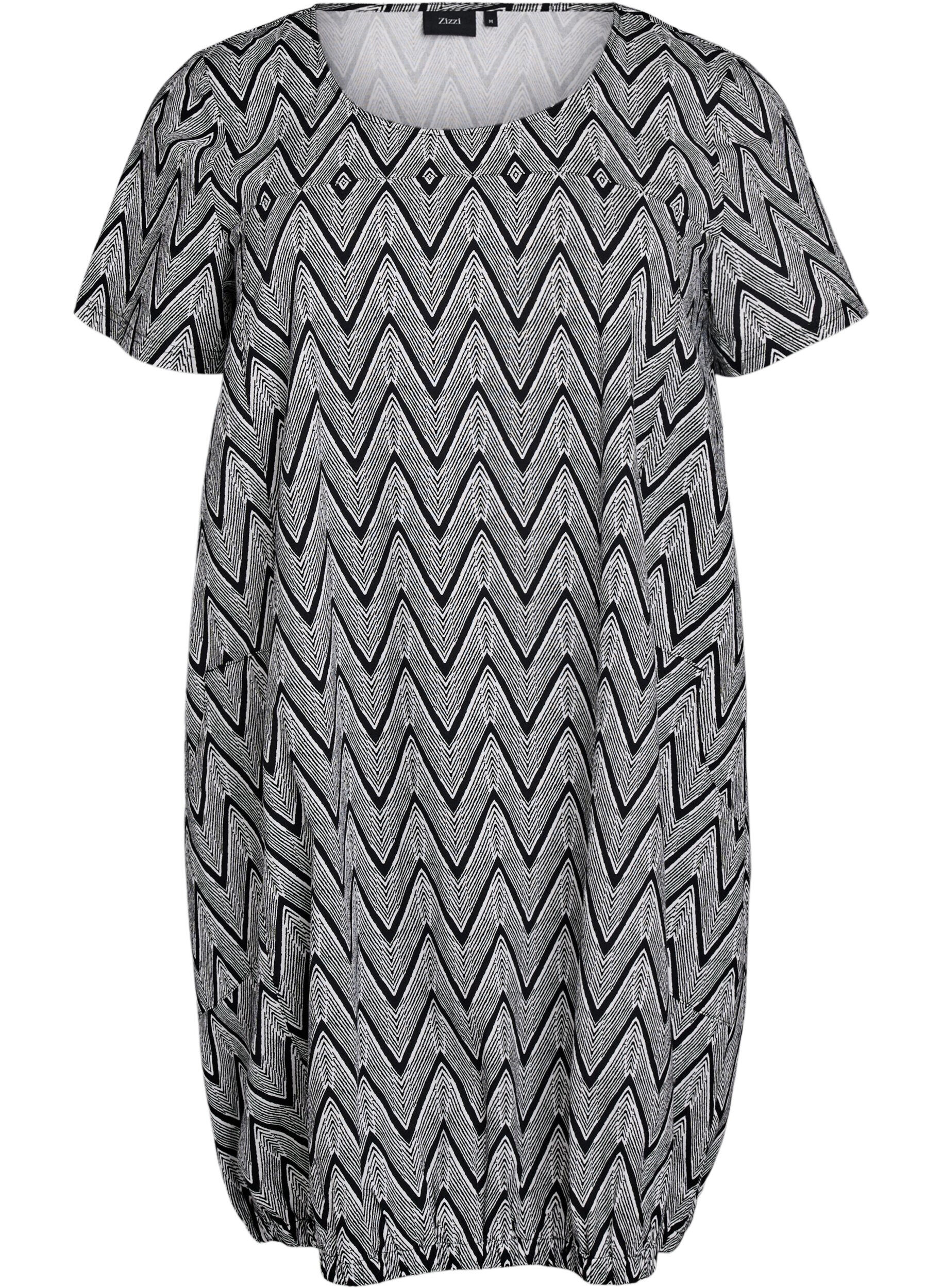 ZizziKatoenen jurk met korte mouwen en print, Zwart, Packshot image number 0