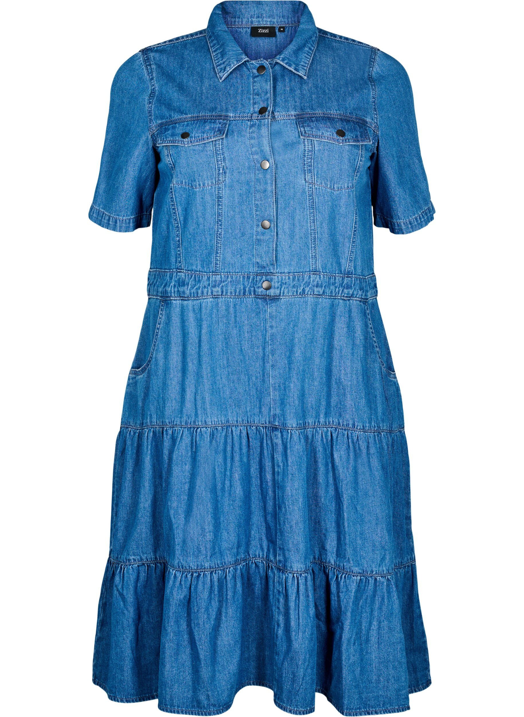 Midi denim jurk met knopen en korte mouwen