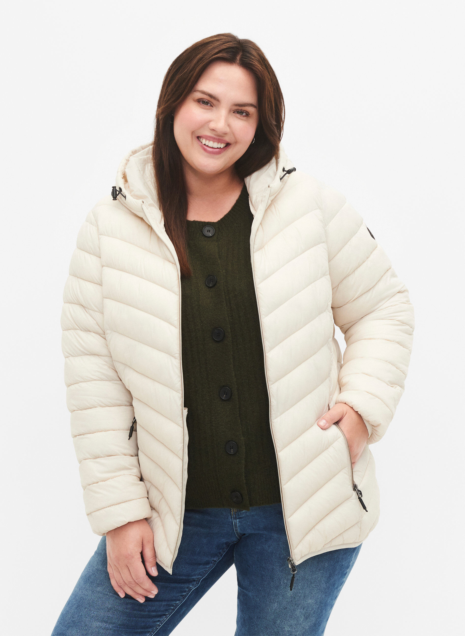 ZizziGewatteerd lichtgewicht jack met capuchon, Beige, Model image number 0