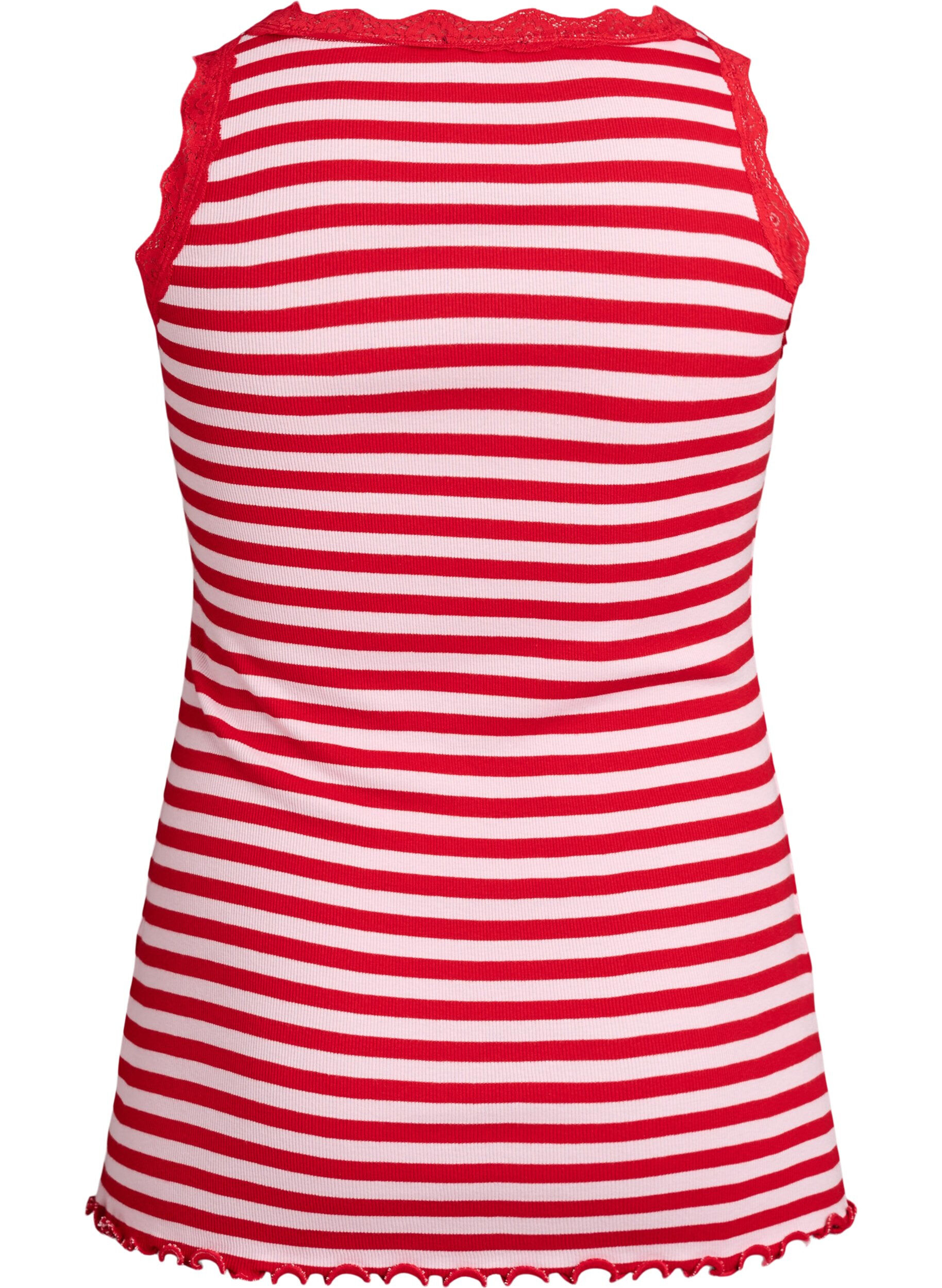 ZizziGestreept top met een geribde textuur en een kanten randje, Roze, Packshot image number 1