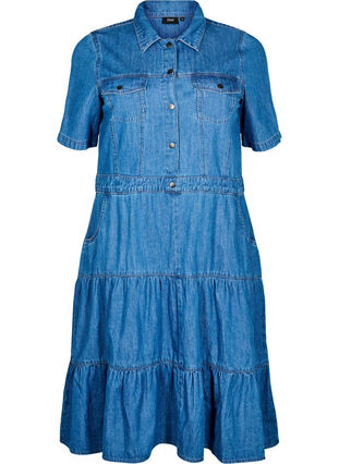 ZizziMidi denim jurk met knopen en korte mouwen, Blue Denim, Packshot image number 0