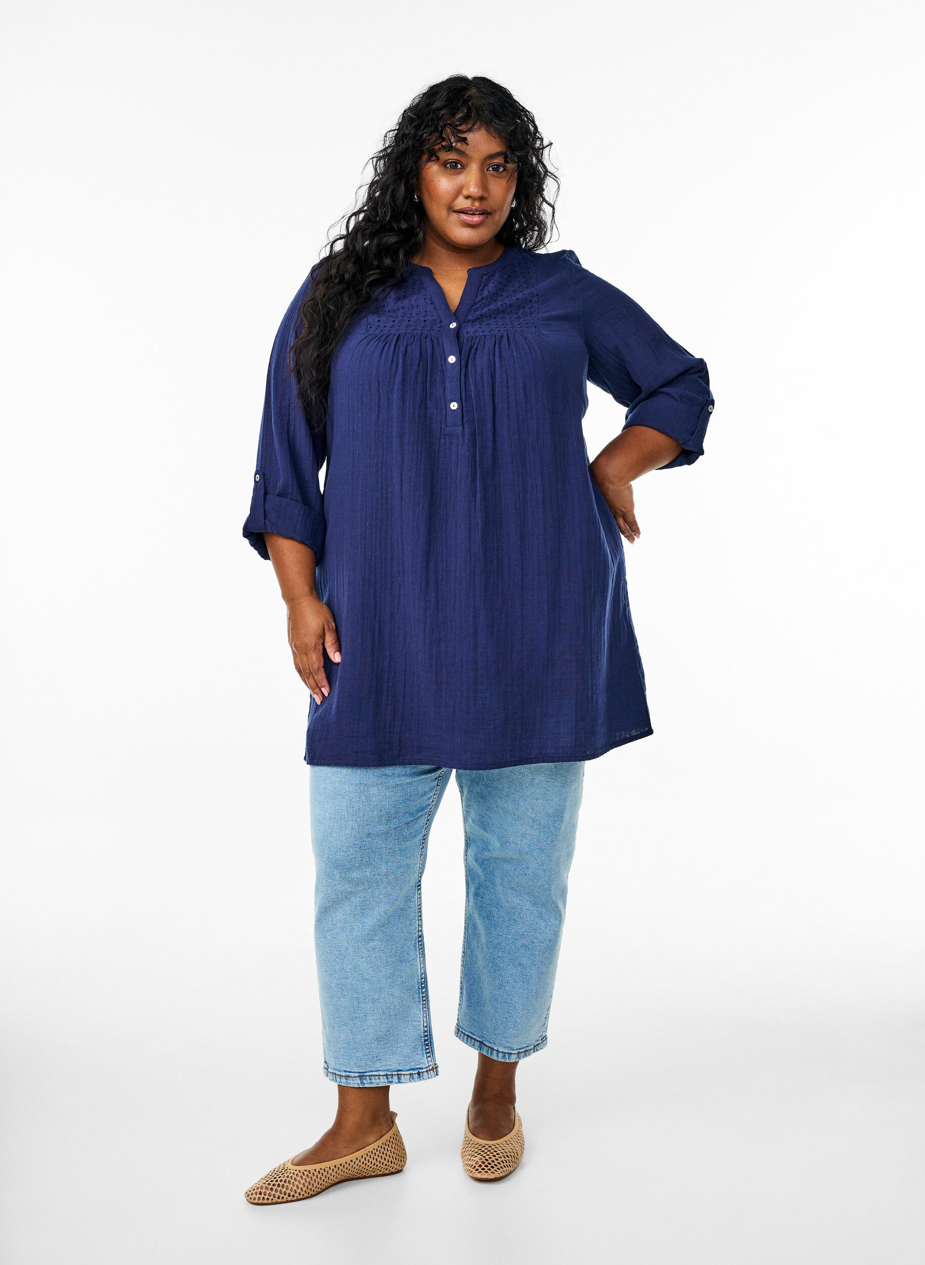 ZizziKatoenen mousseline tuniek met broderie anglaise, Blauw, Model image number 1