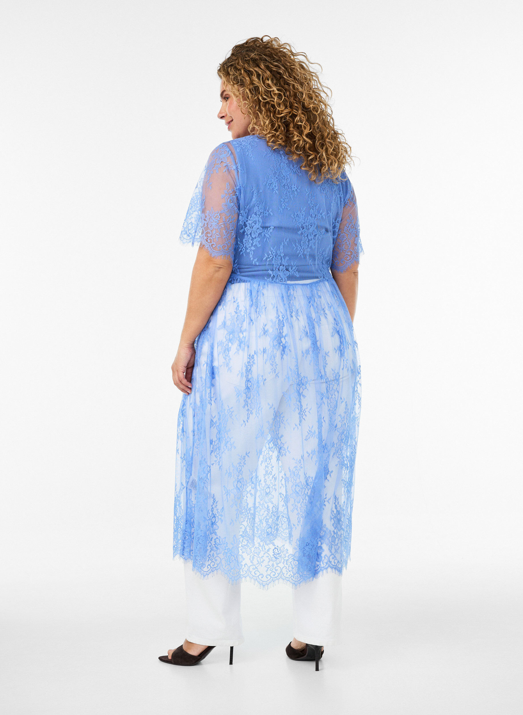 ZizziKanten midi jurk met korte mouwen van doorschijnende kant, Paars, Model image number 1