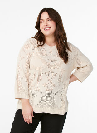 ZizziGebreide blouse met een opengewerkt patroon en 3/4 mouwen, Birch, Model image number 0