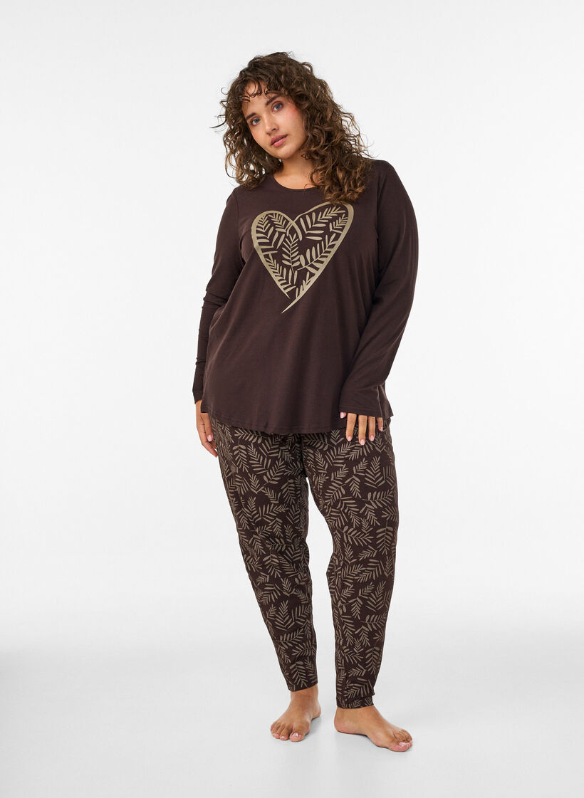 Katoenen pyjama top met hartjesprint, Bruin, Model image number 1