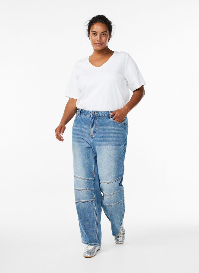 Jeans met rechte, wijde pijpen en stikdetails, Blue Denim, Model