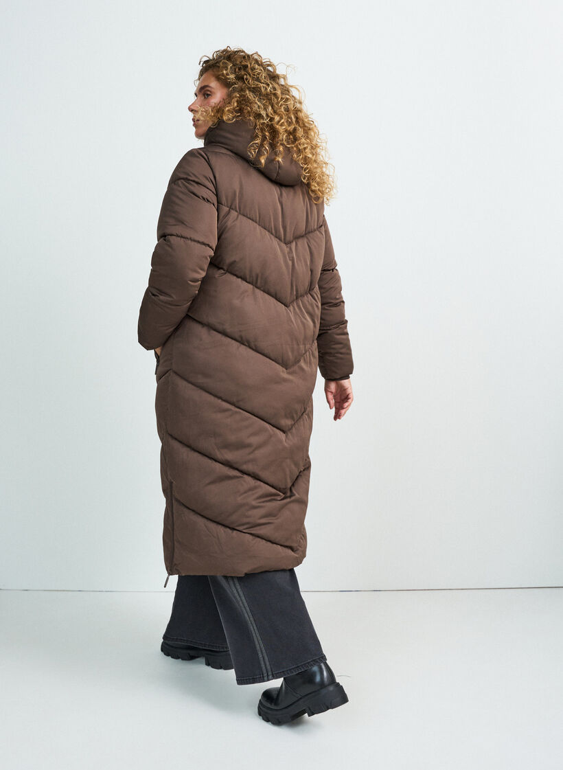 Lange pufferjas met capuchon en zakken, Bruin, Model image number 1