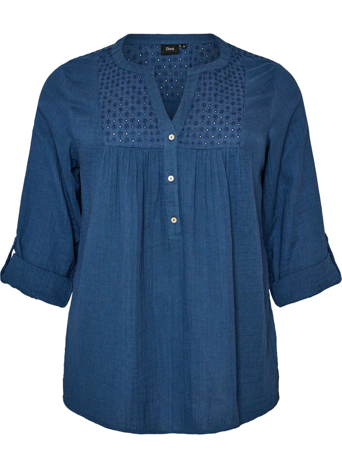 Blouse in katoenen mousseline met broderie anglaise, Blauw, Packshot image number 0