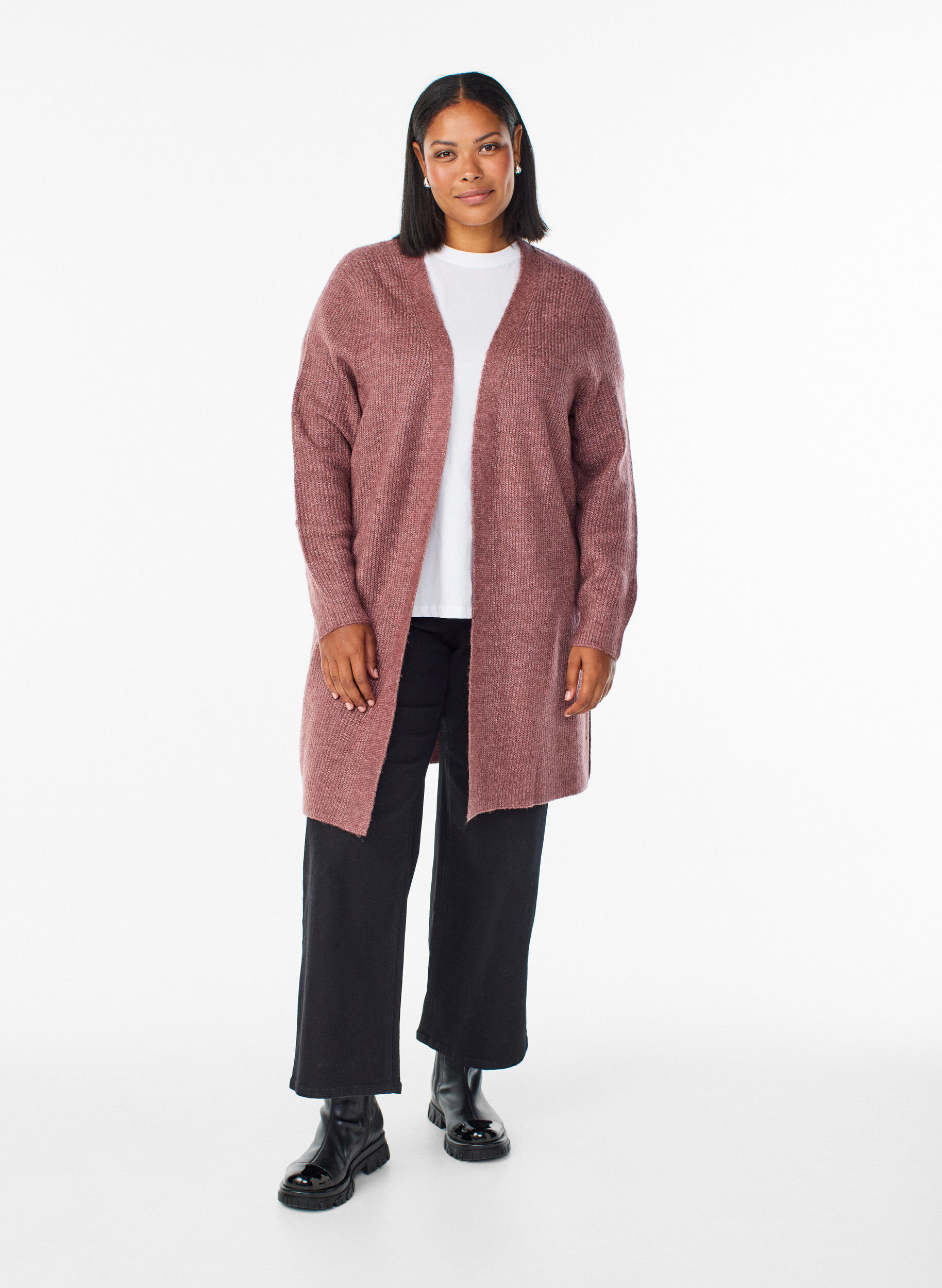 ZizziFLASH - Lange ribgebreide cardigan met open voorkant, Roze, Model image number 1