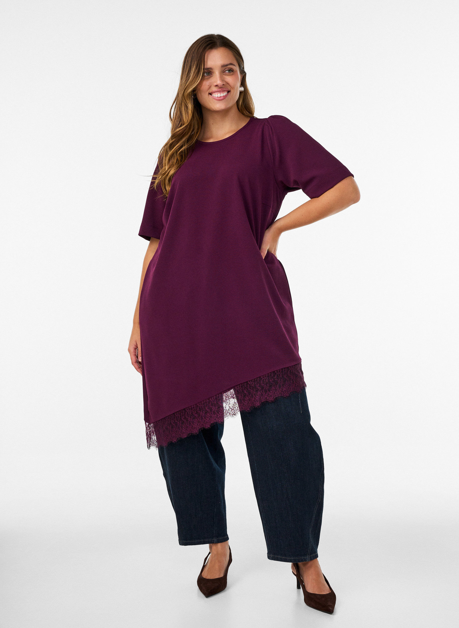ZizziTuniek met asymmetrische kanten rand, Paars, Model image number 1
