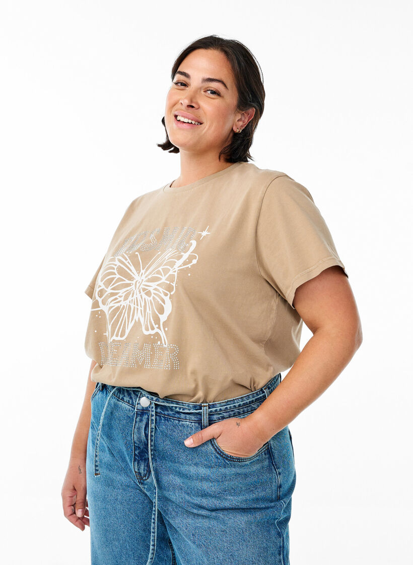 Biologisch katoenen T-shirt met strass en vlinder motief, Bruin, Model image number 0