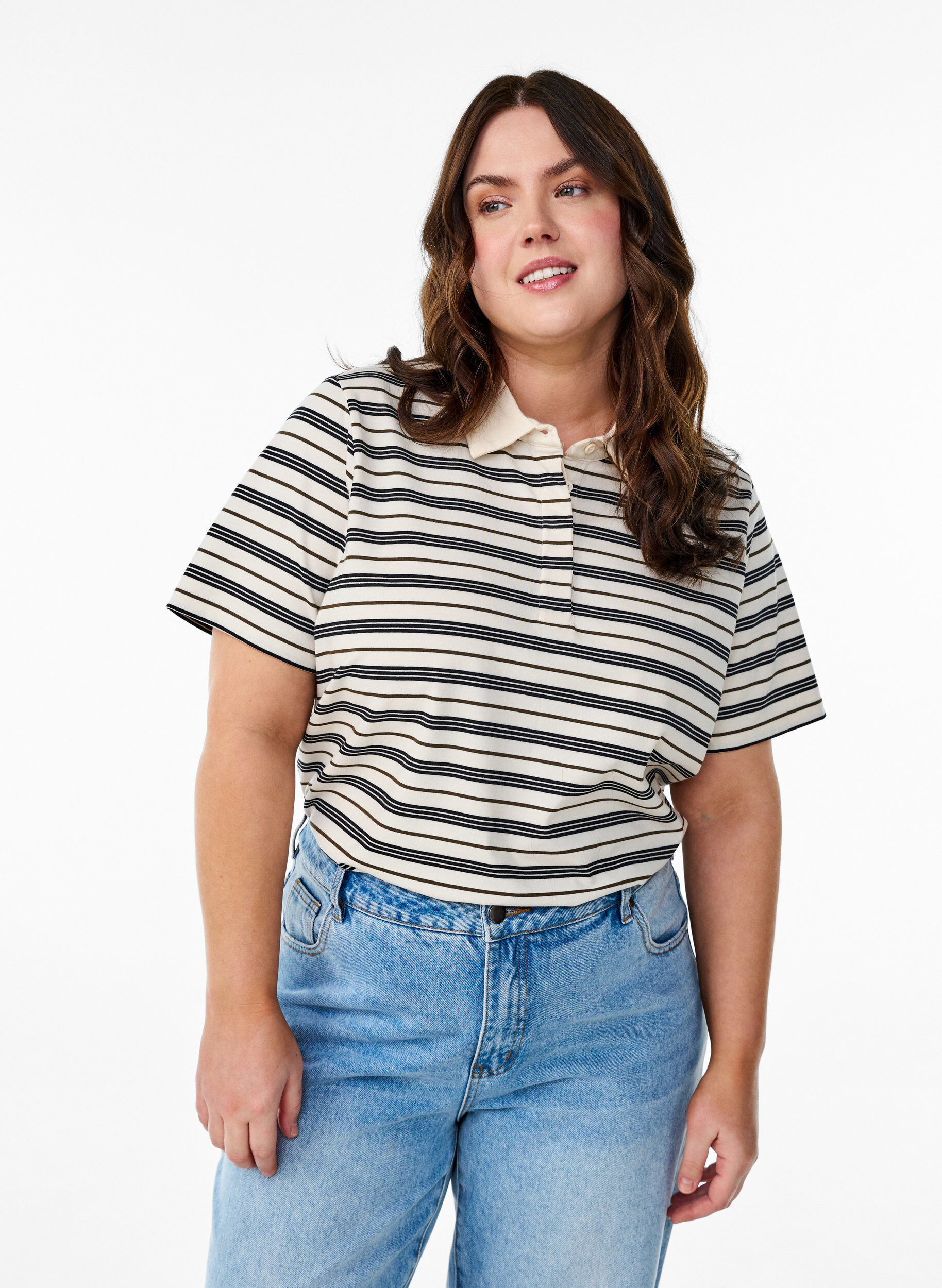 Gestreepte poloshirt met korte mouwen, Wit, Model