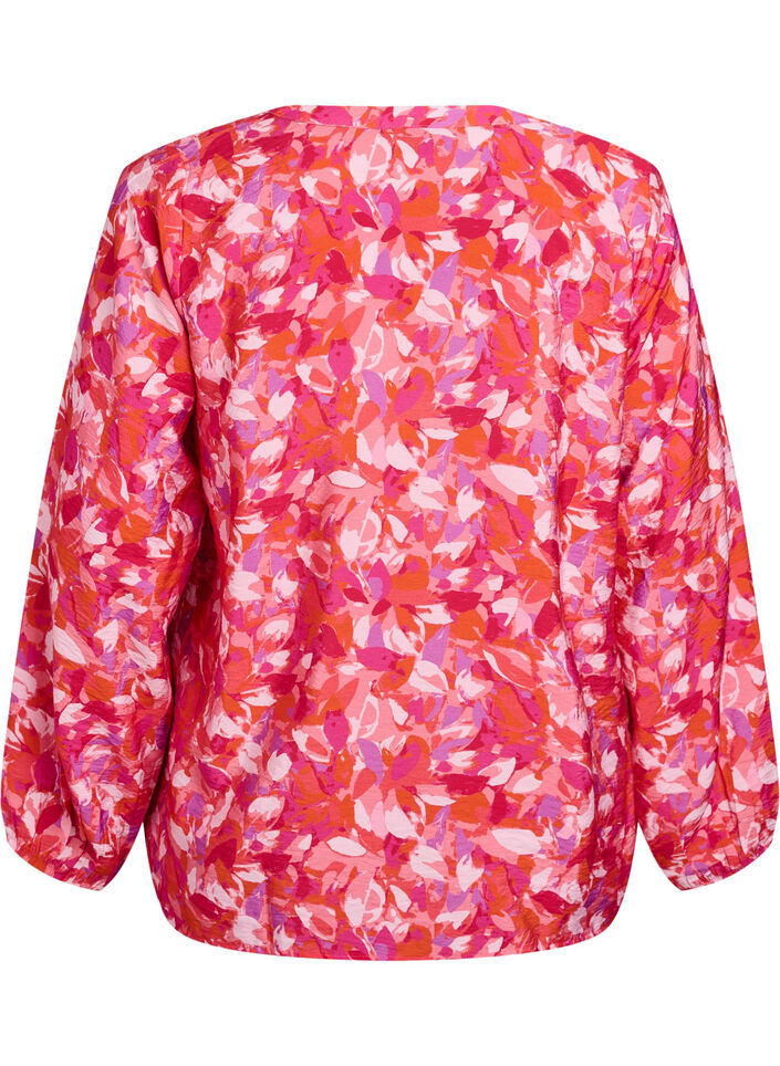 Blouse met V-hals en grafisch bladpatroon, Roze, Packshot image number 1