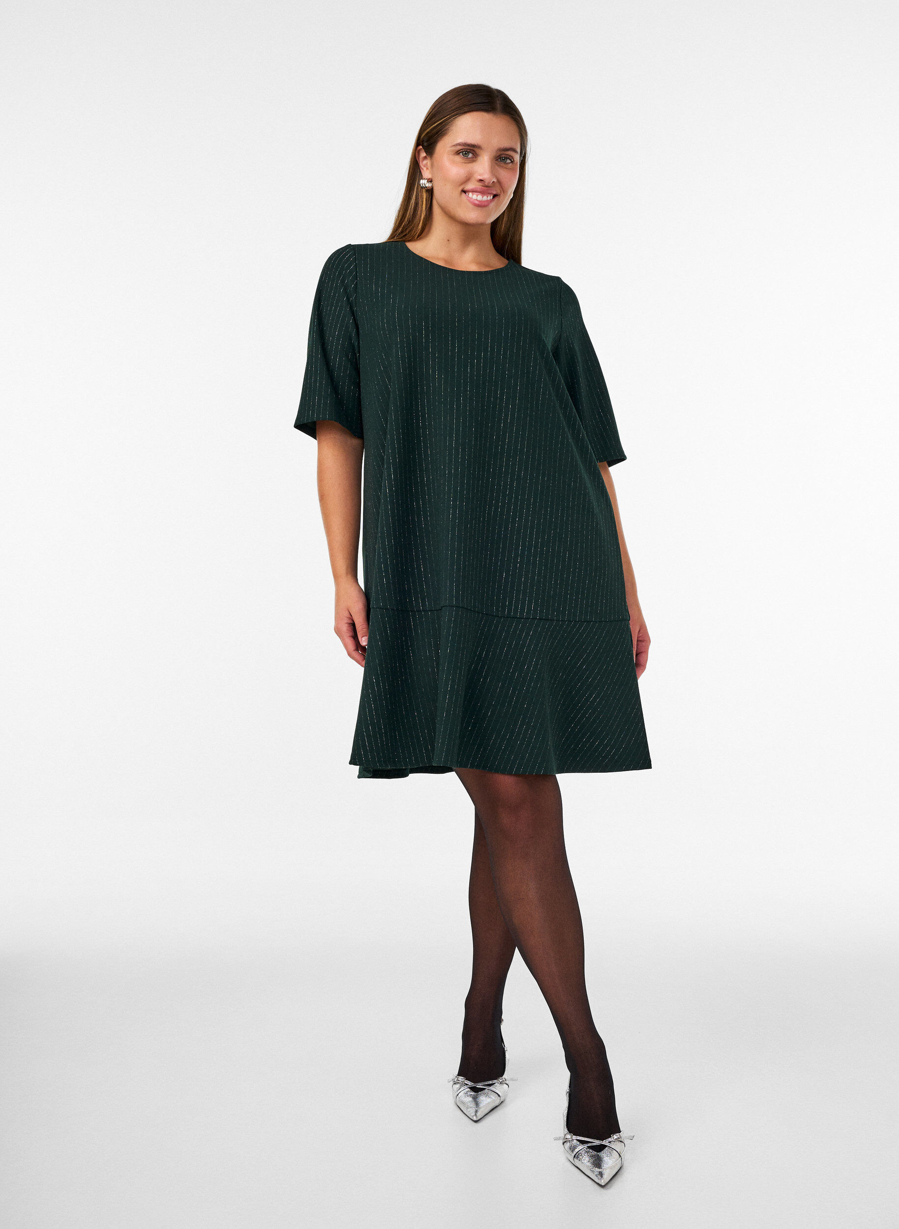 ZizziKorte A-lijnjurk met glitterstrepen, Groen, Model image number 1