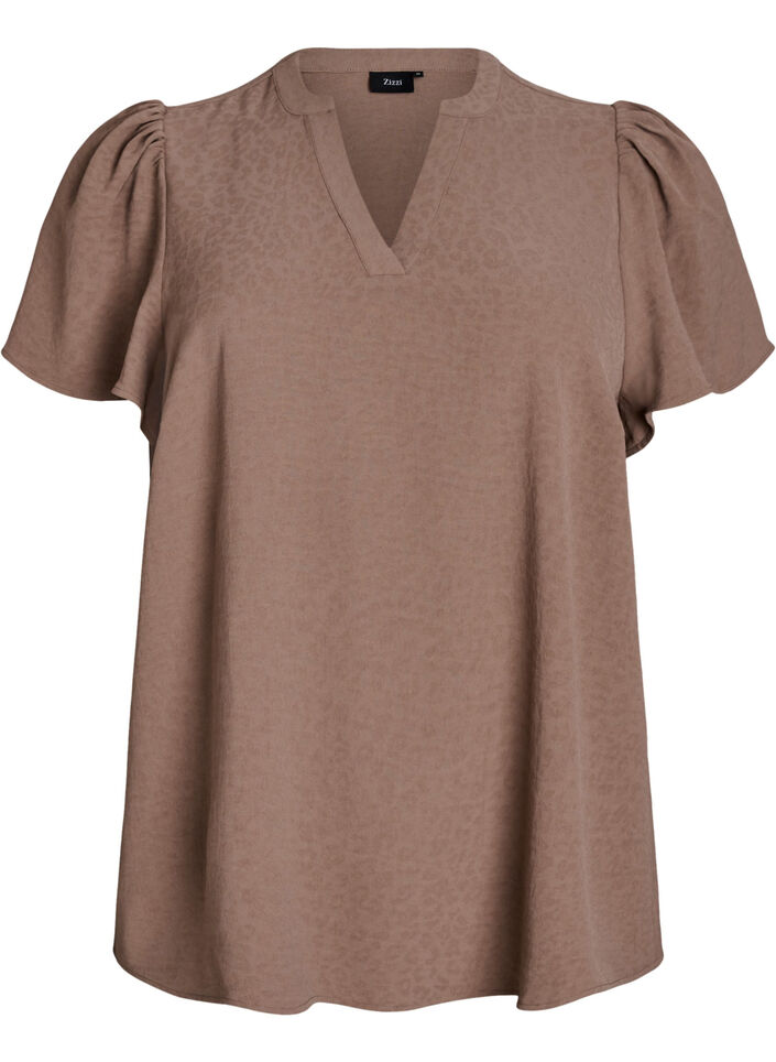 Blouse met korte mouwen met ruches en V-hals, Bruin, Packshot image number 0