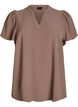 Blouse met korte mouwen met ruches en V-hals, Bruin, Packshot image number 0