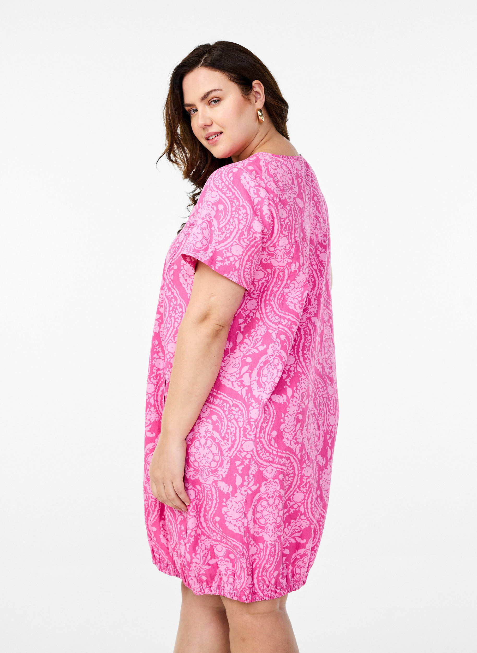 ZizziKatoenen jurk met korte mouwen en print, Roze, Model image number 2