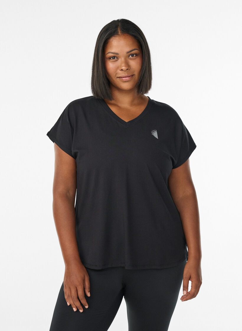 Sportief t-shirt met korte mouwen en v-hals, Black, Model