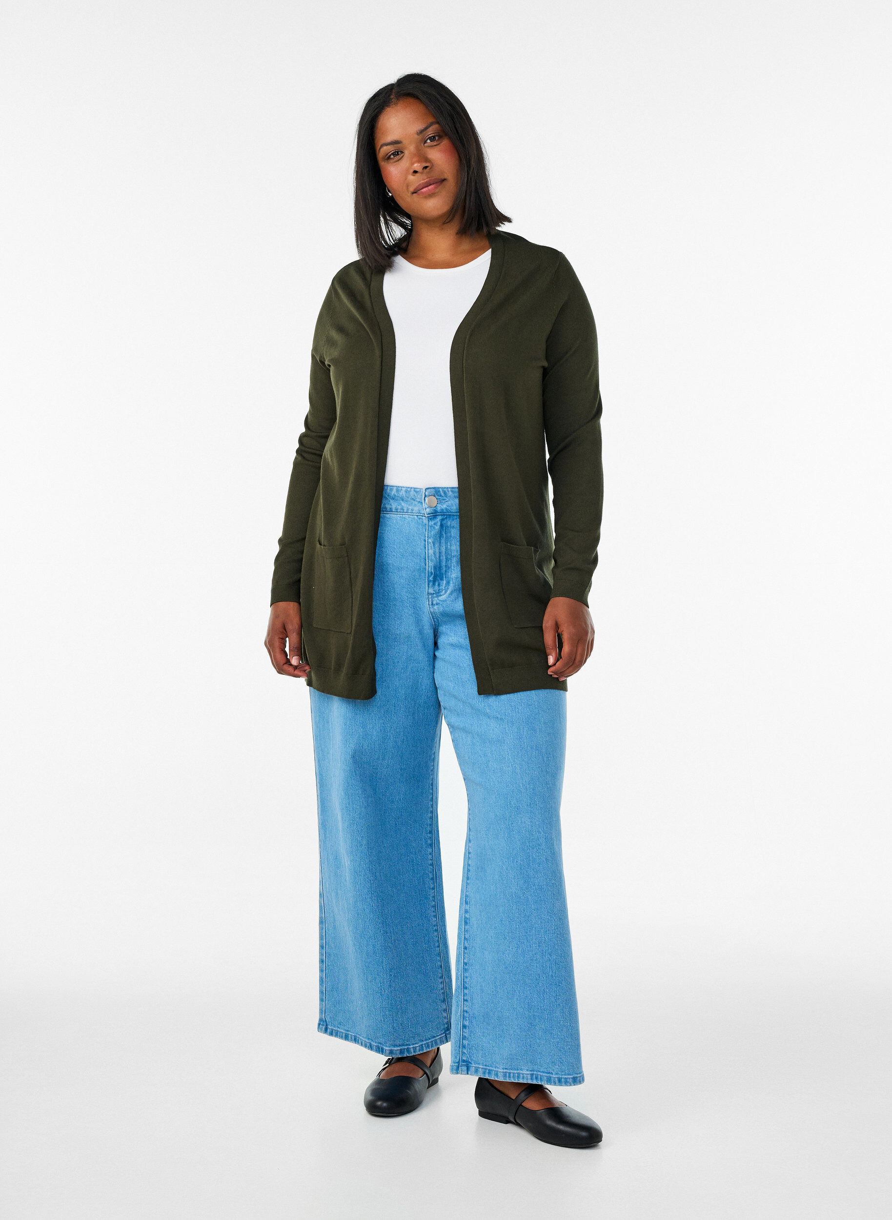 ZizziLang gebreid vest in viscosemix, Groen, Model image number 1