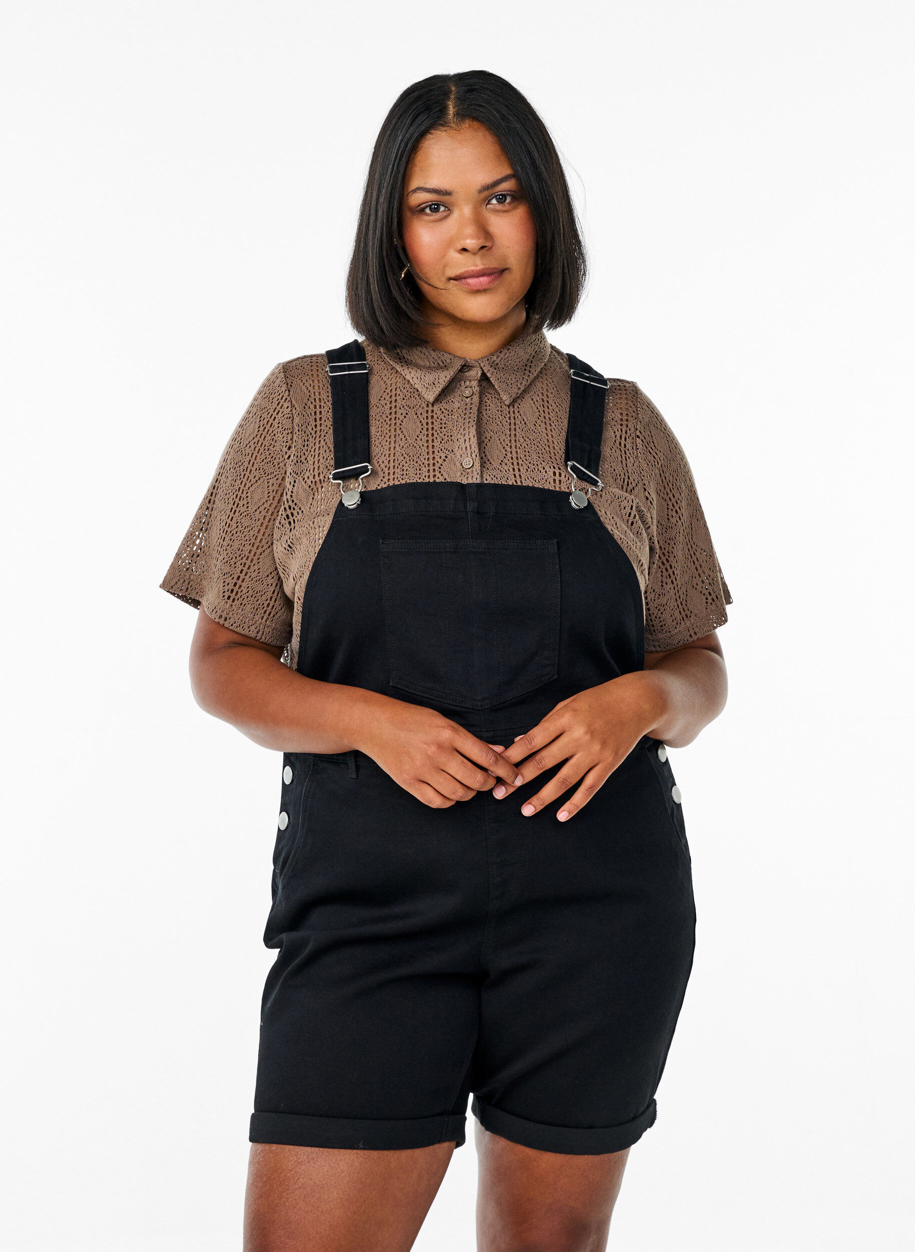 Denim overalls korte broek, Zwart, Model