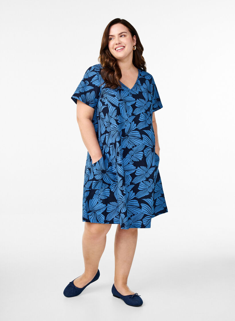 Korte a-lijn jurk met bloemenprint, Blauw, Model image number 1