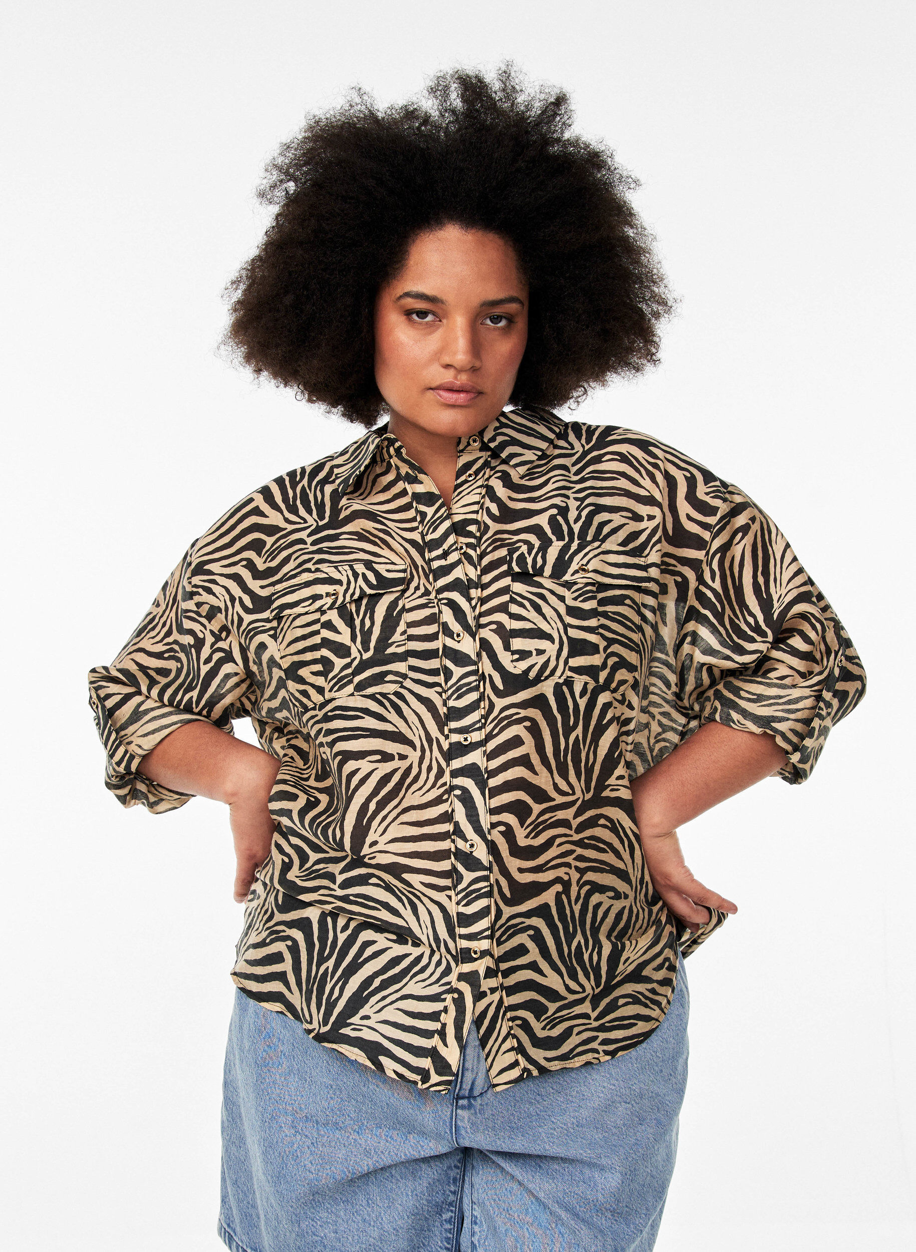 ZizziLos shirt met dierenprint en borstzakken, Zwart, Model image number 0