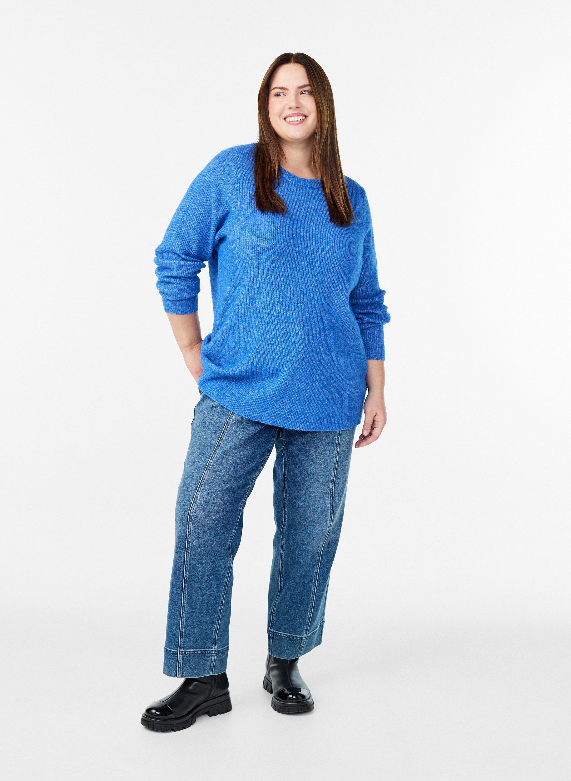 ZizziGem&ecirc;leerde gebreide blouse met ronde hals, Blauw, Model image number 1