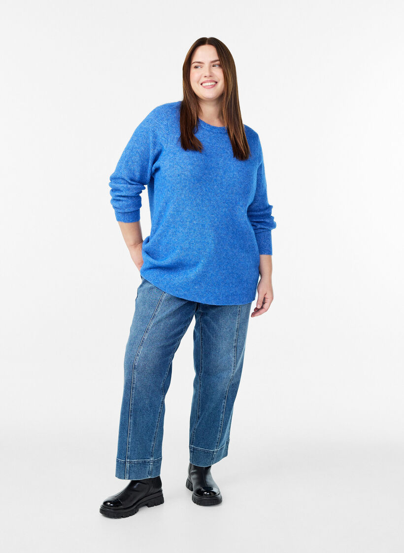 Gem&ecirc;leerde gebreide blouse met ronde hals, Blauw, Model image number 1
