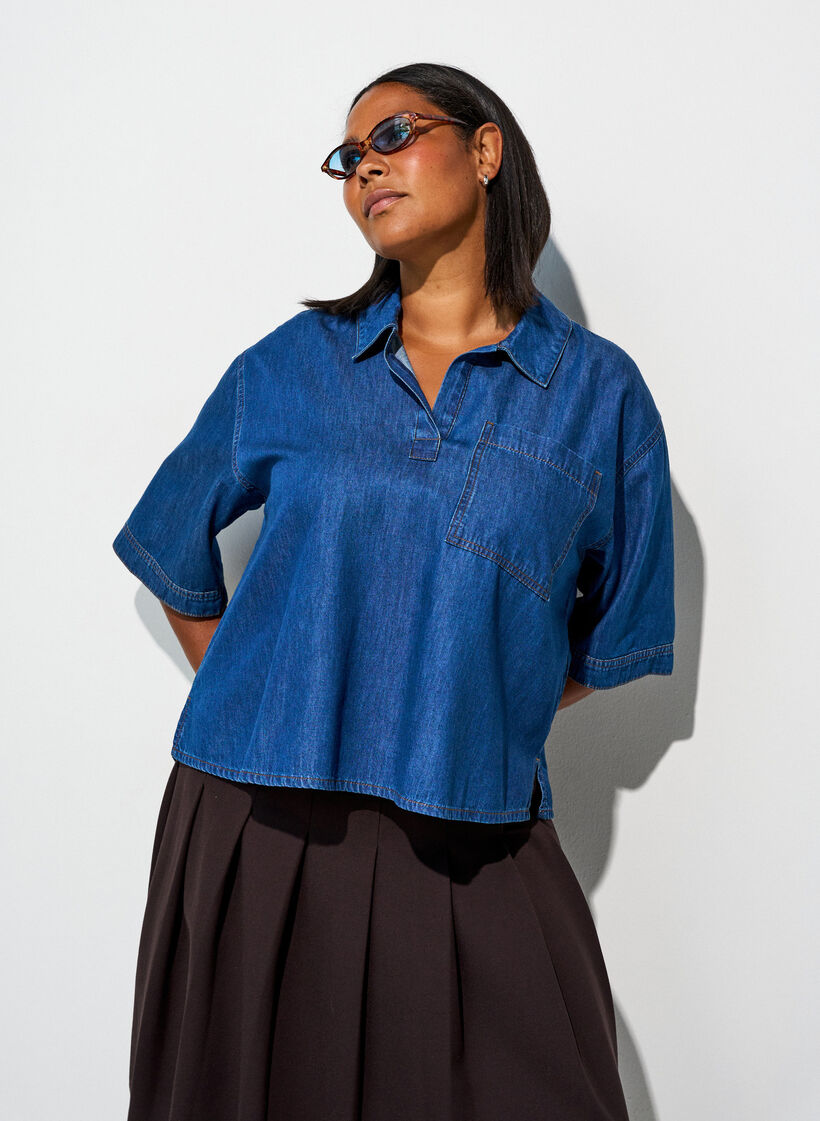 Denimblouse met borstzak en mouwen tot de elleboog, Blauw, Model image number 3