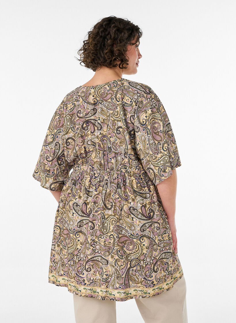 Viscose tuniek met paisleyprint en aantrekkoord, Geel, Model image number 2