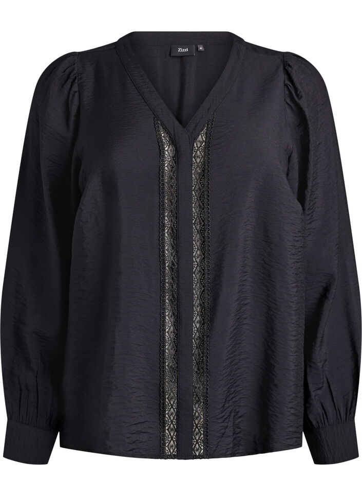 Blouse met V-hals en geborduurde banden, Zwart, Packshot image number 0