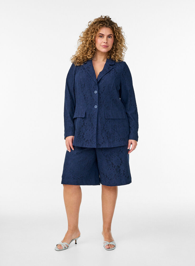 Kanten blazer met knoopsluiting, Blauw, Model image number 1