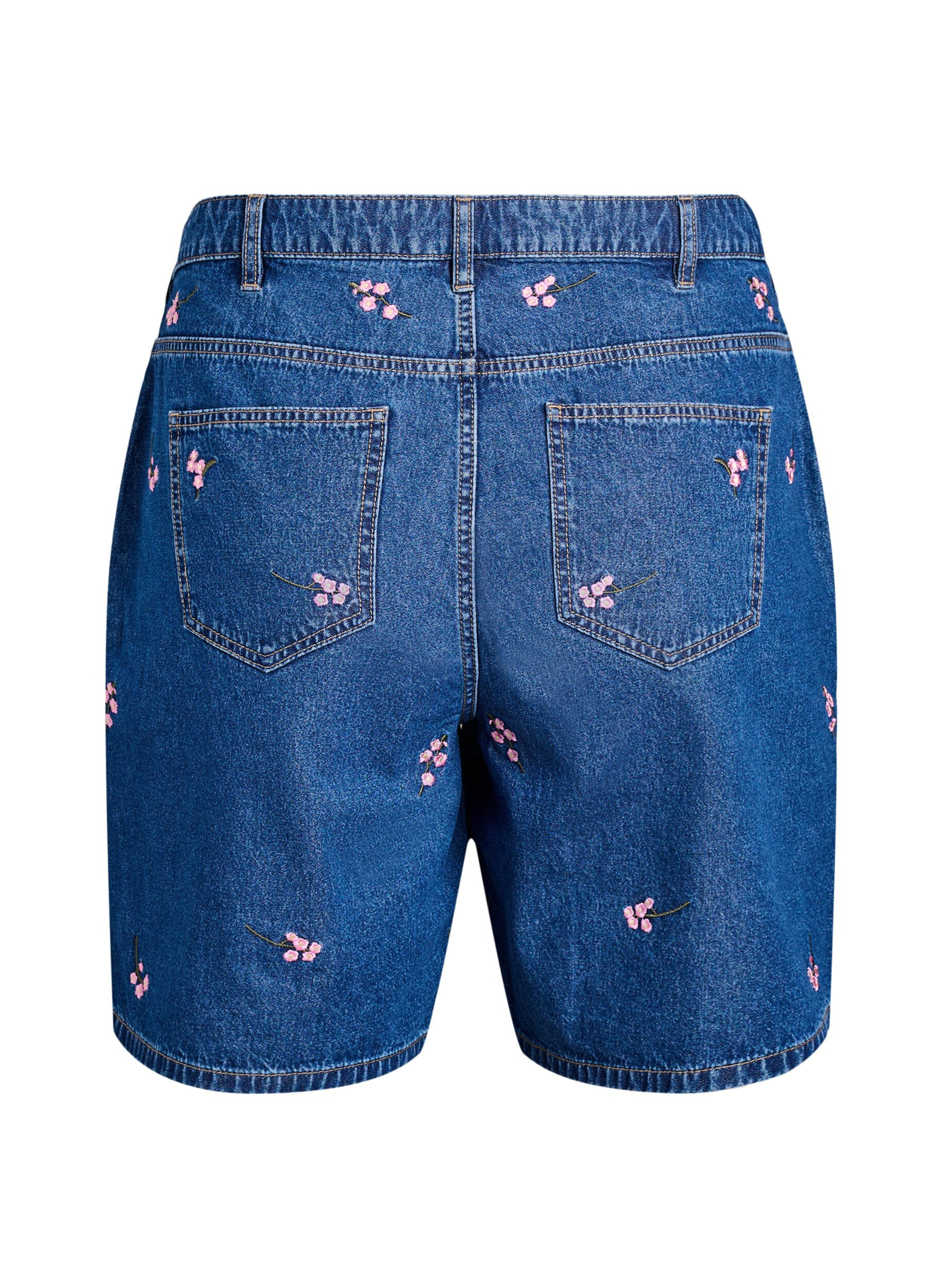 ZizziKorte spijkerbroek met geborduurde bloemen, Blauw, Packshot image number 1