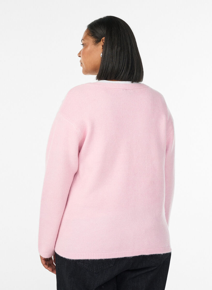 Cardigan met V-hals en geborduurde bloemen, Roze, Model image number 2