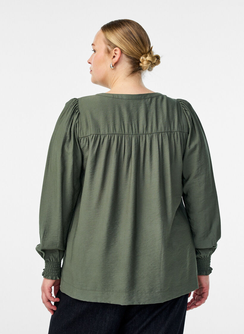 Viscose blouse met smock en geplooide details, Groen, Model image number 2