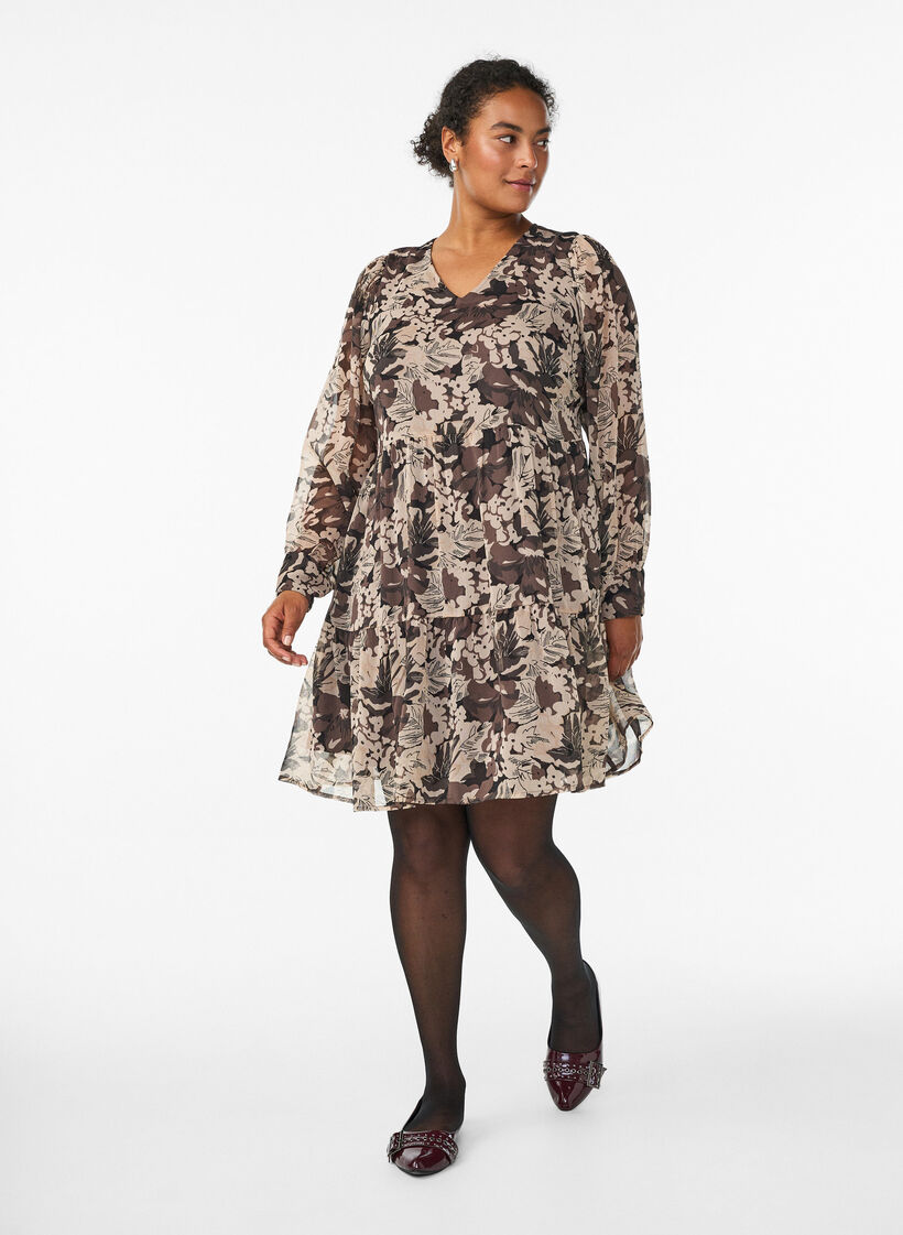 Korte A-lijn jurk met bloemenprint, Black Flower AOP, Model