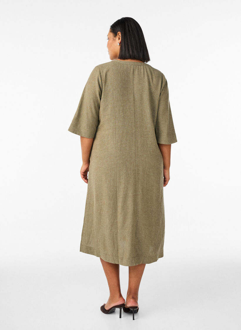 Midi-jurk in linnen en viscose met 1/2 mouwen, Groen, Model image number 2