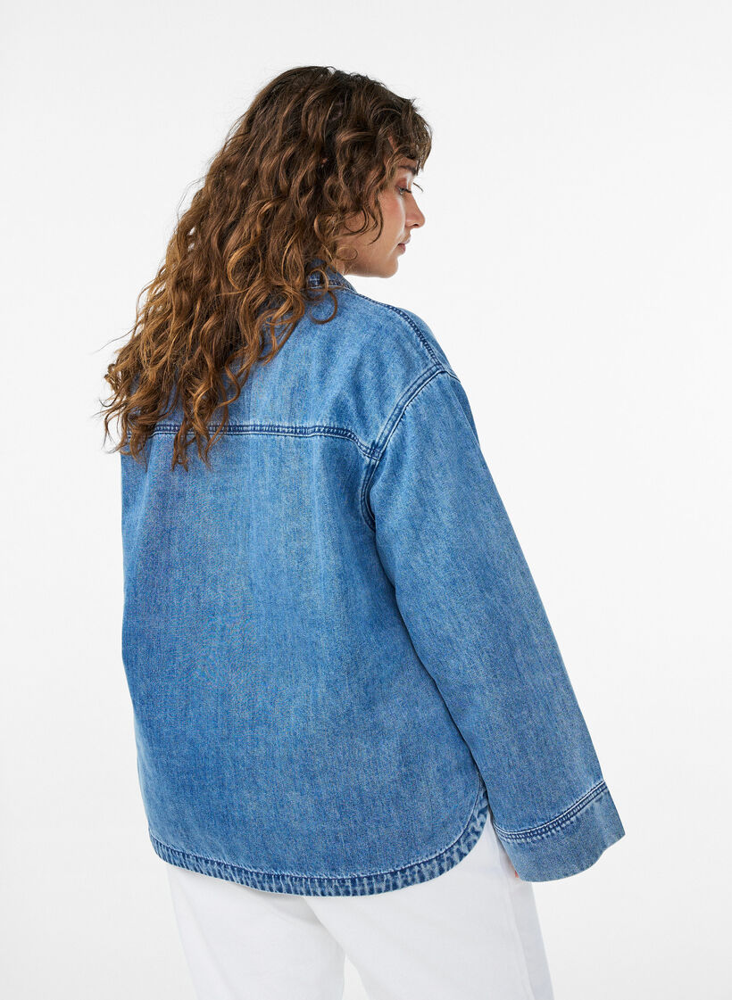 Losse denim blouse met kraag en V-hals, Blauw, Model image number 2