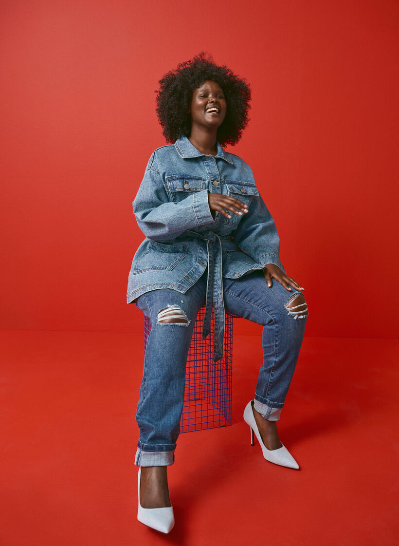 Superslanke Amy jeans met slijtagedetails, Blue Denim, Image image number 0