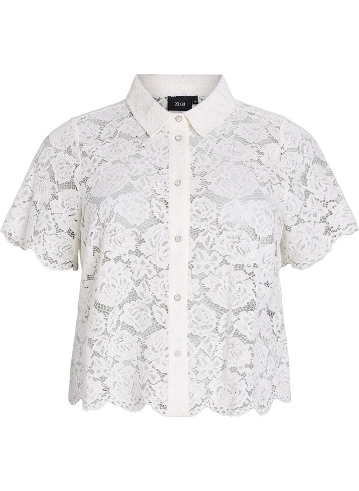 Kanten shirt blouse met parelknopen, Vanille, Packshot image number 0