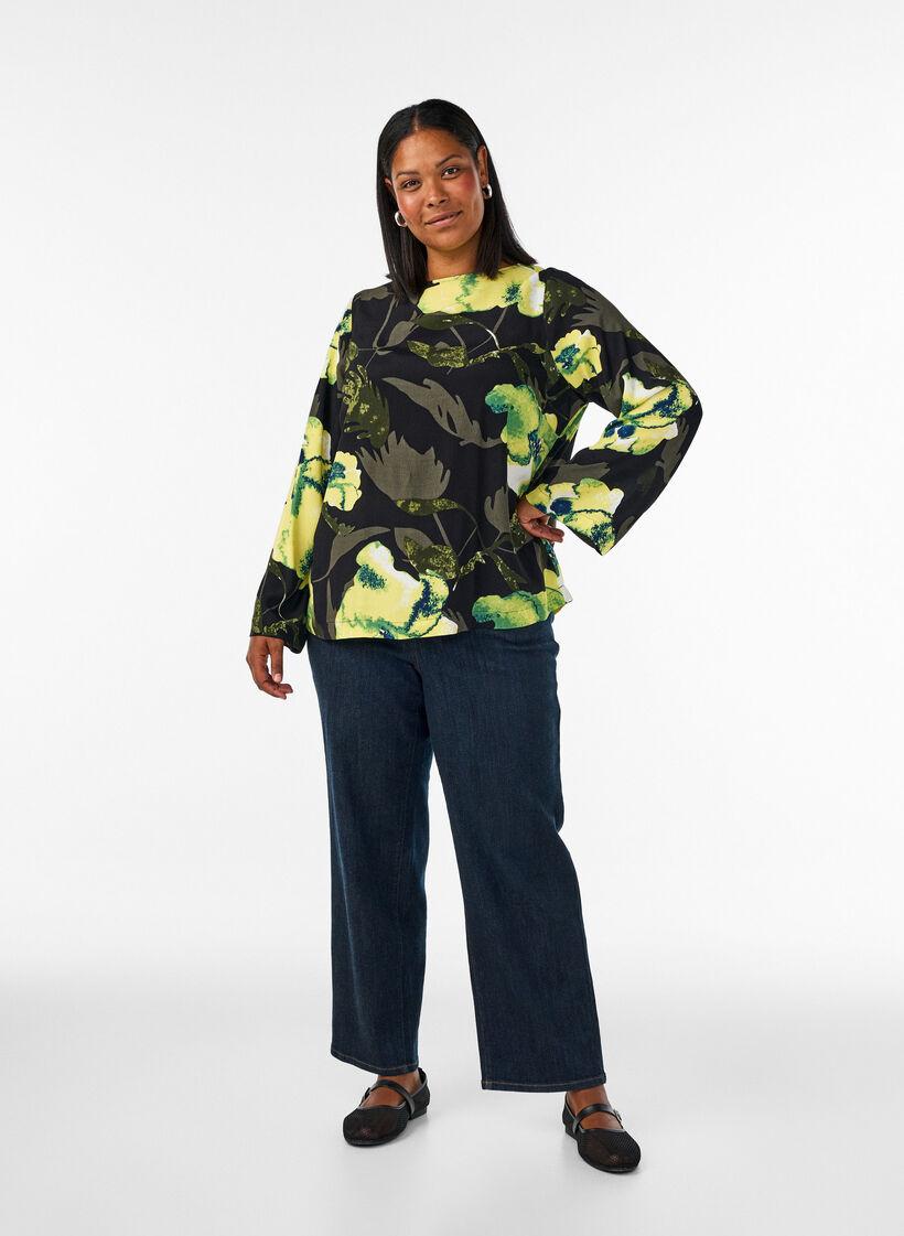 Blouse met bloemenprint, boothals en wijde mouwen, Zwart, Model image number 1