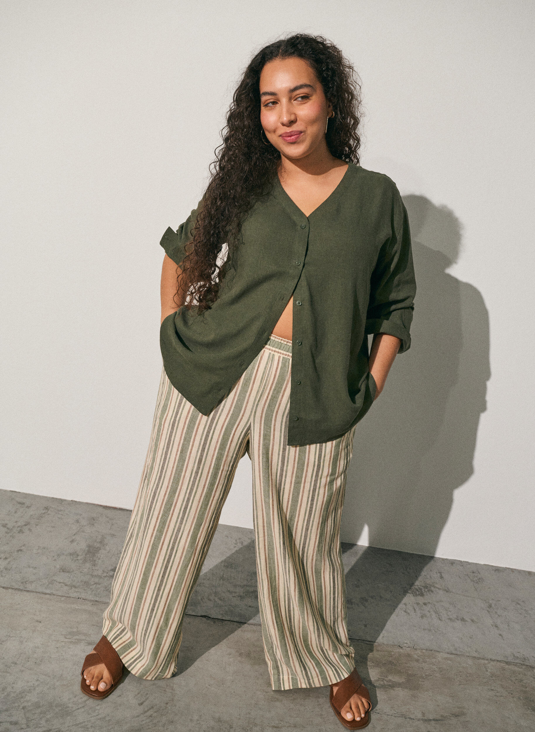 ZizziWijde linnen en viscose broek, Vanille, Image image number 0