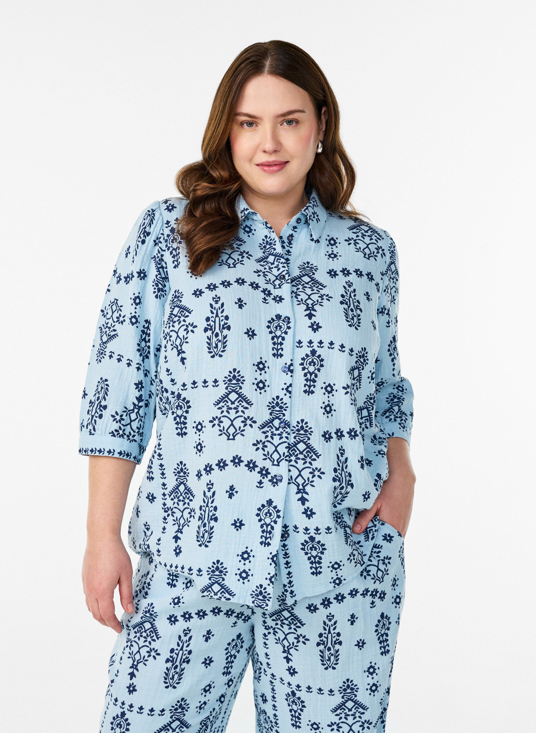 Shirtblouse met 3/4 mouwen, Blauw, Model
