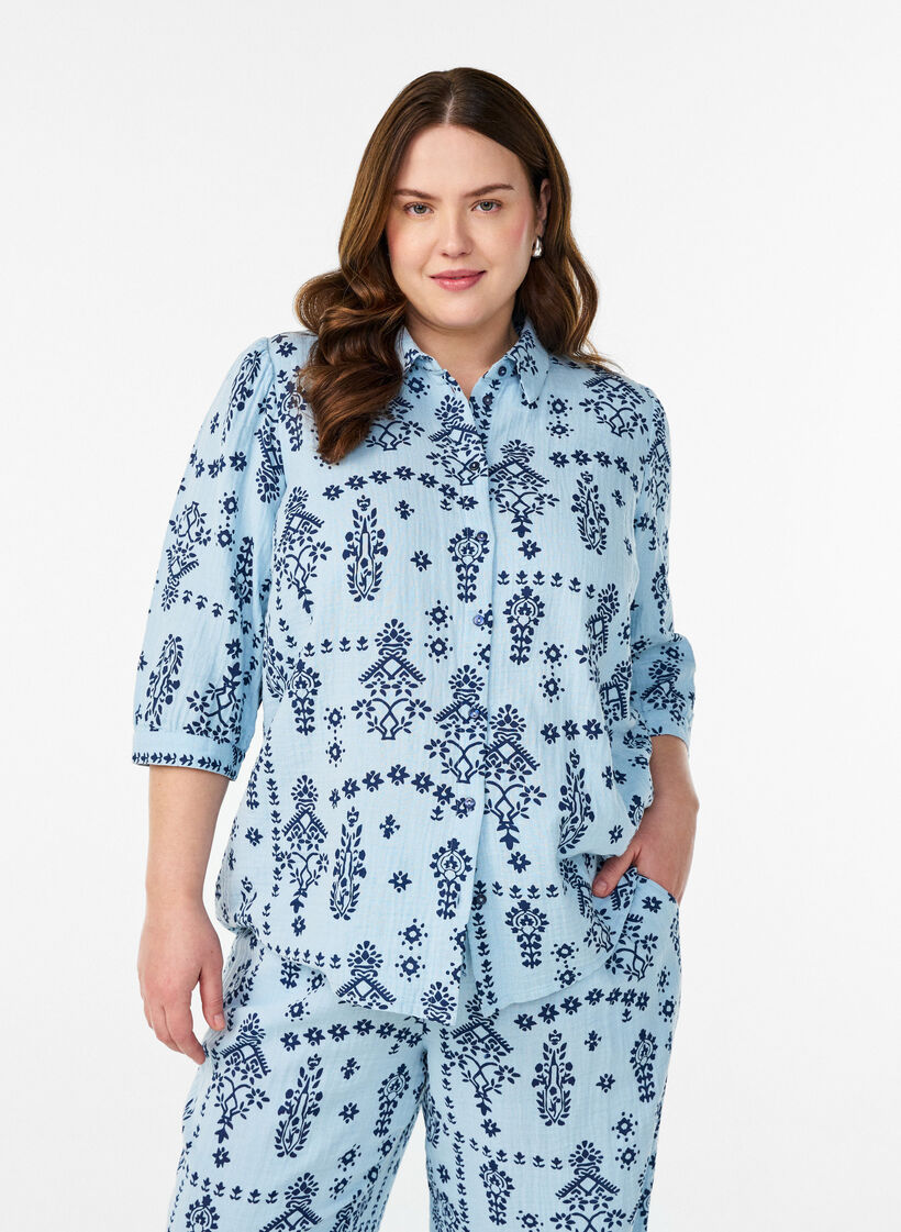 Shirtblouse met 3/4 mouwen, Blauw, Model image number 0
