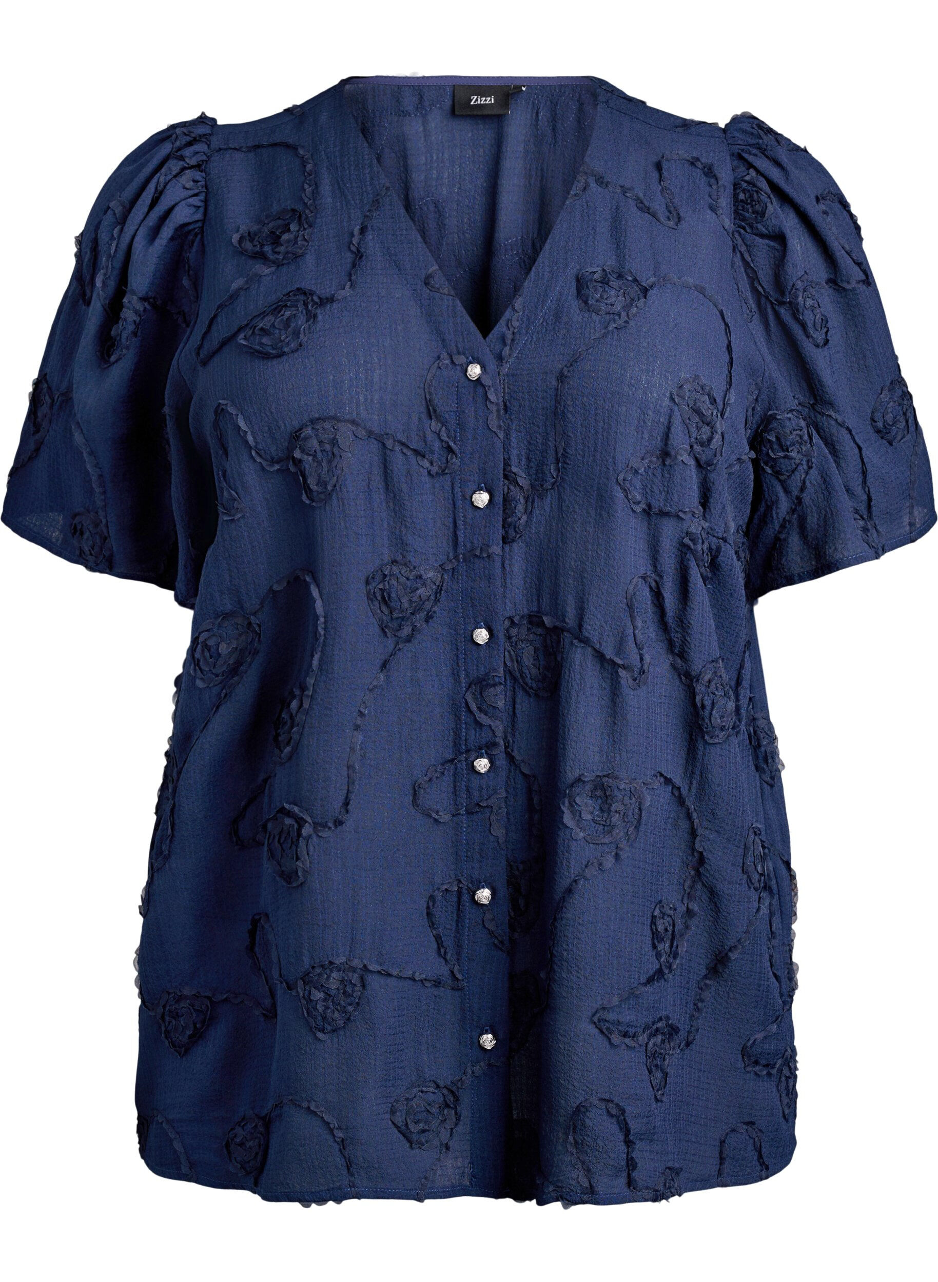 ZizziShirtblouse met korte mouwen en 3D-bloeimeffect, Blauw, Packshot image number 0